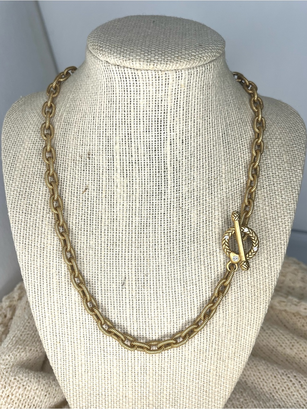 Jay Strongwater 18” Textured Gold-Plated Oval Link Toggle Necklace w/ Swarovski